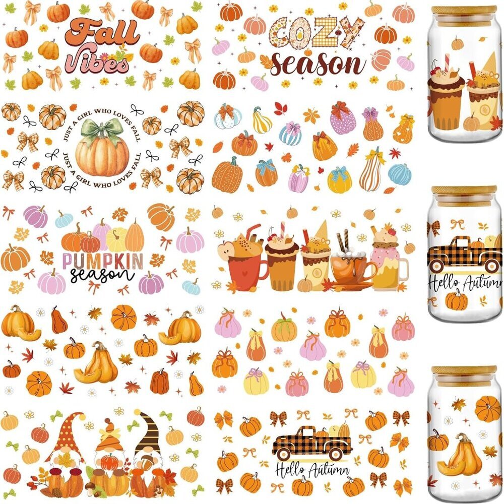 Fall UV DTF Cup Wraps - 10 Sheets Pumpkin Maple Leaf Uvdtf Tumbler Wrap for 16 2
